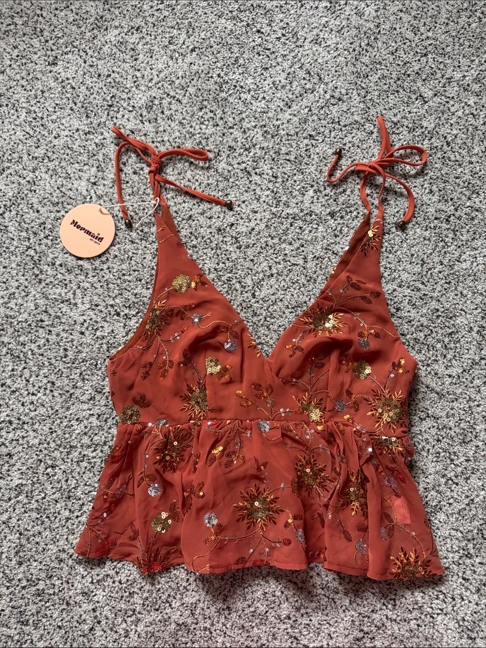 Tie-Shoulder Rust Embroidered Peplum Cami
